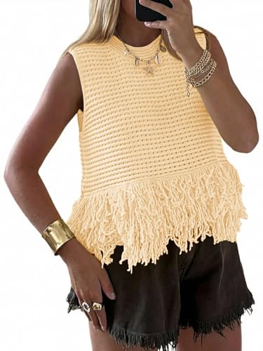 Saodimallsu Womens Crochet Crop Tank Tops Sleeveless Fringe Crew